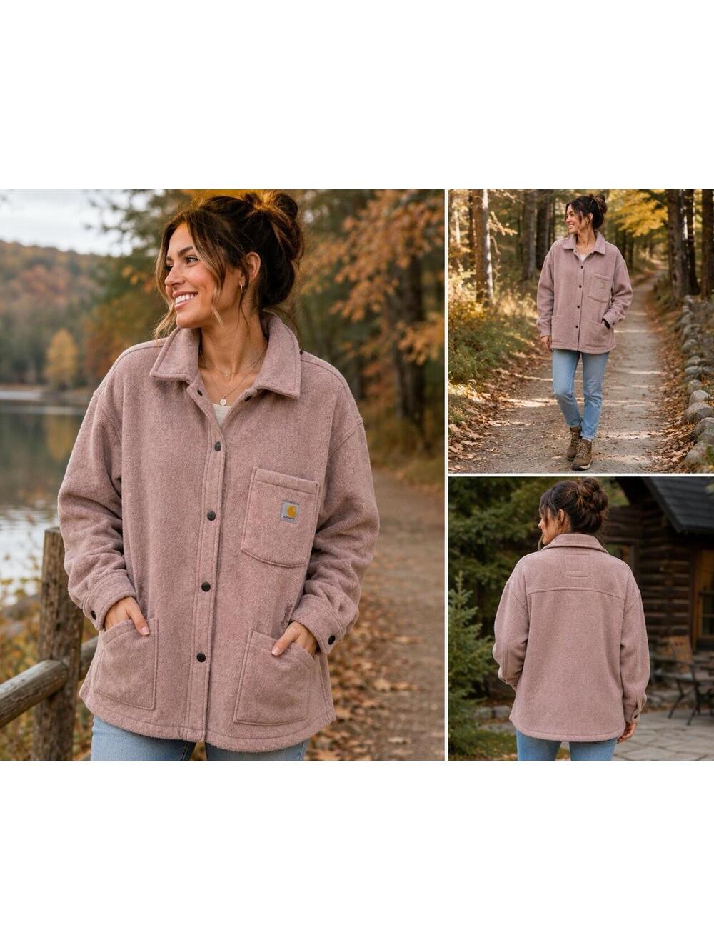 Carhartt Women’s XL Loose Fit Fleece Shacket Dusty Rose Pink Taupe Snap Jacket - Picture 2 of 8